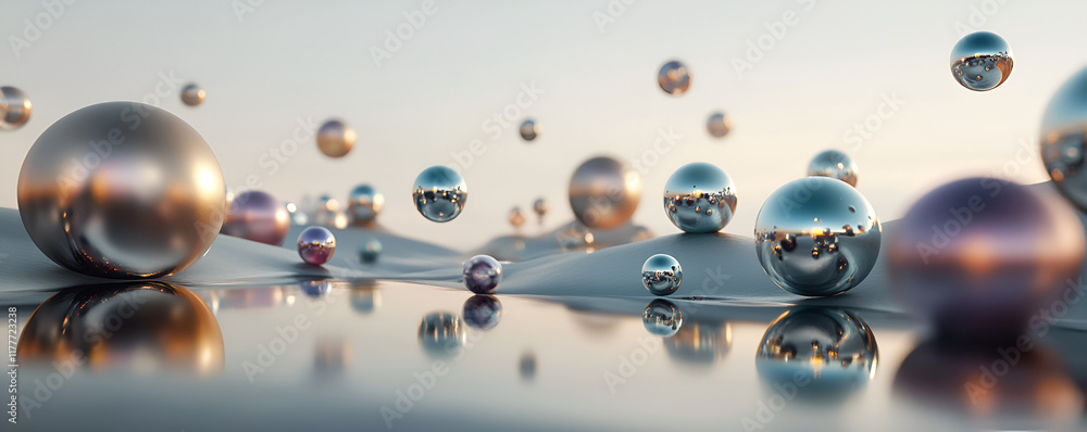 Poster a surreal landscape of floating metallic orbs in various sizes and colors, hovering over a smooth, r