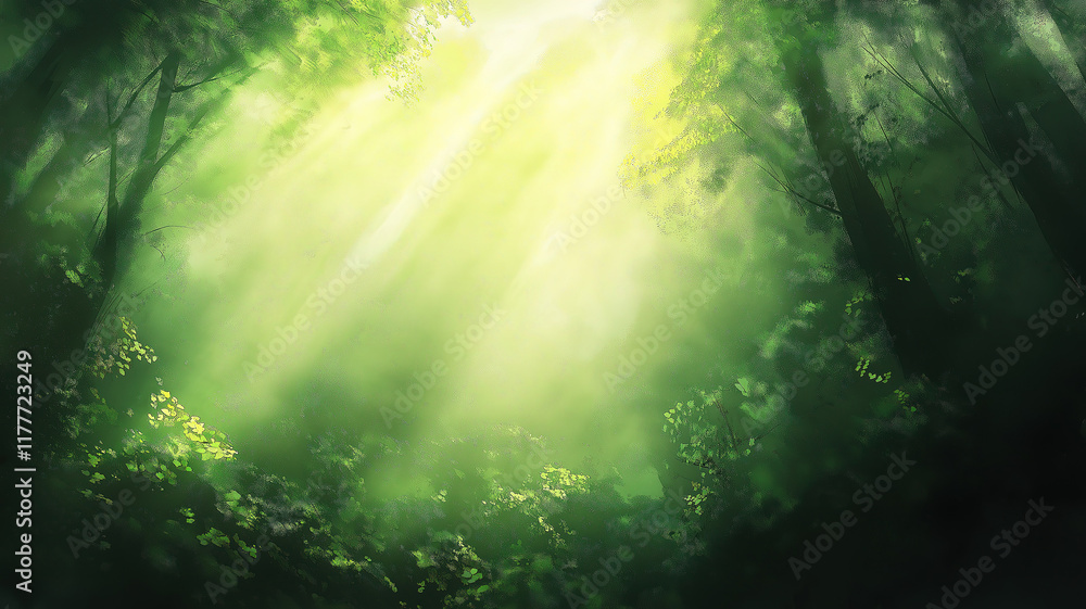 Poster sunlight filtering through the dense green trees creating a serene forest atmosphere