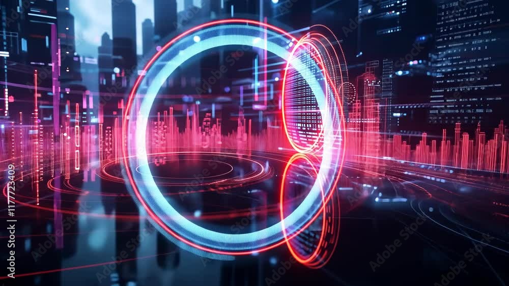 Poster exploring a futuristic city with vibrant neon lights and pulsating data streams
