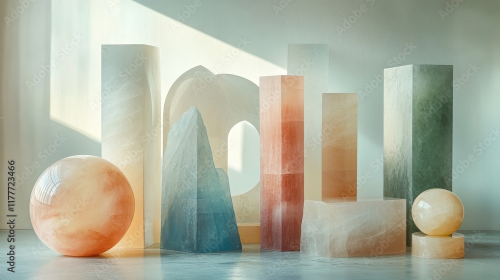 Poster abstract sculptures of translucent stone blocks and spheres
