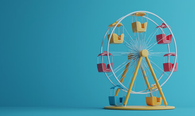 A colorful miniature ferris wheel against a bright blue background, showcasing vibrant seats in pink, yellow, and orange.