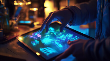 Fototapeta premium The tablet of the blue light points. The graphics tablet of the particles