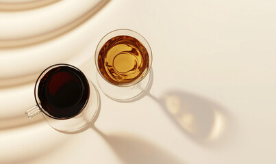 Two transparent cups with dark coffee and light tea are placed on a soft, curved surface, creating an elegant, inviting aesthetic.