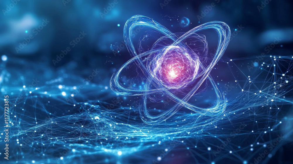 Poster physics of particles. silhouette of an atom consists of small circles