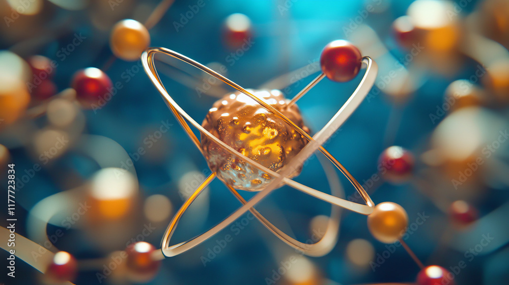 Poster physics of particles. silhouette of an atom consists of small circles