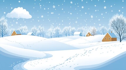 Snowy village winter landscape, snowfall, hills, footprints, greeting card