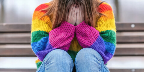 Sad lesbian woman with LGBTQ rainbow color sweater sitting on park bench. Concept of sadness and pain, homosexual discrimination. Depression, Mental crisis