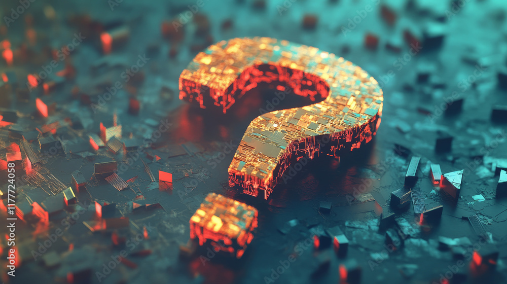 Poster a hologram of a question mark. a question mark made up of polygons, triangles, points, and lines. qu