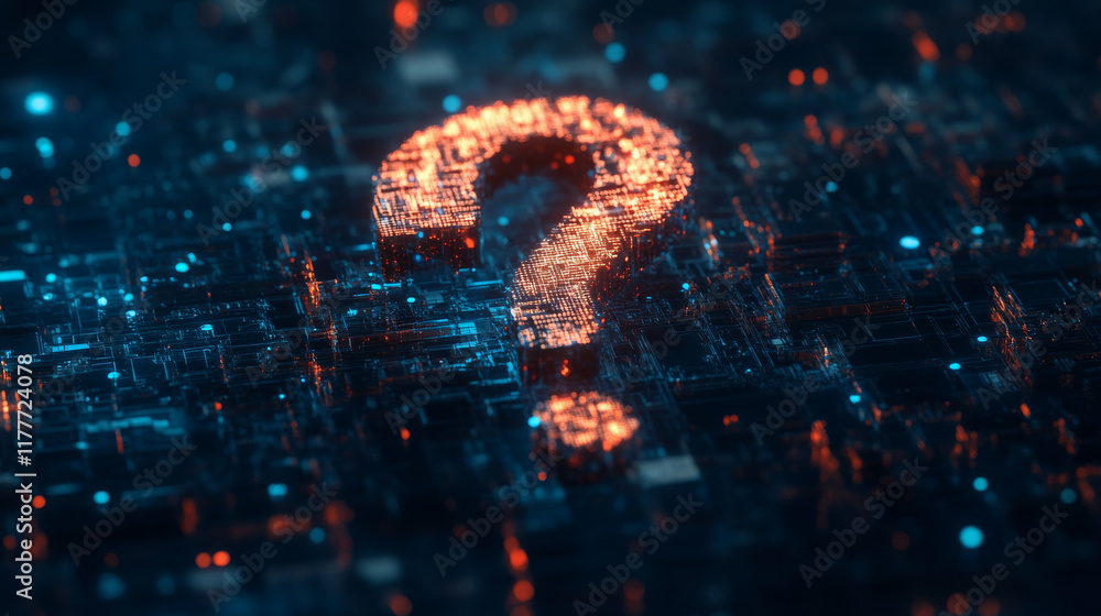 Poster a hologram of a question mark. a question mark made up of polygons, triangles, points, and lines. qu