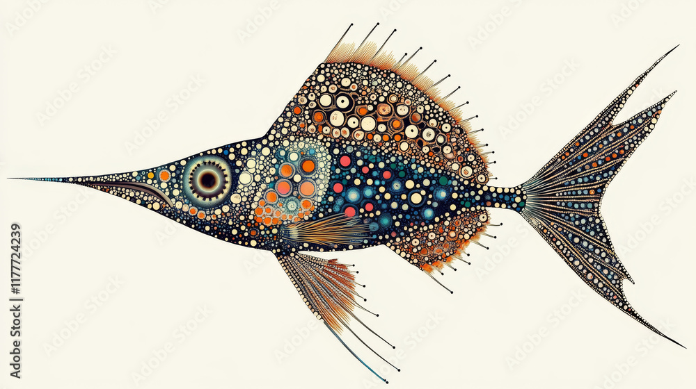 Poster swordfish from the particles. swordfish is made up of little circles and dots