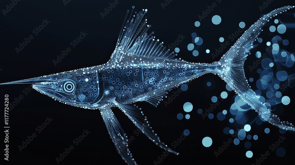 Poster swordfish from the particles. swordfish is made up of little circles and dots