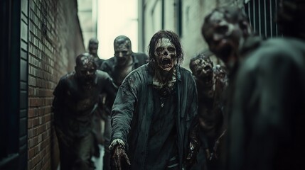 A claustrophobic alley full of creepy zombies, their decomposed faces illuminated by the white light from outside, post-apocalyptic atmosphere. Zombie Pride Day