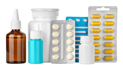 Pills bottle with capsules and tablets, isolated on transparent background, medical pharmacy mockup for 2025 healthcare products, prescription medicine, vitamin supplements, and pharmaceutical ads