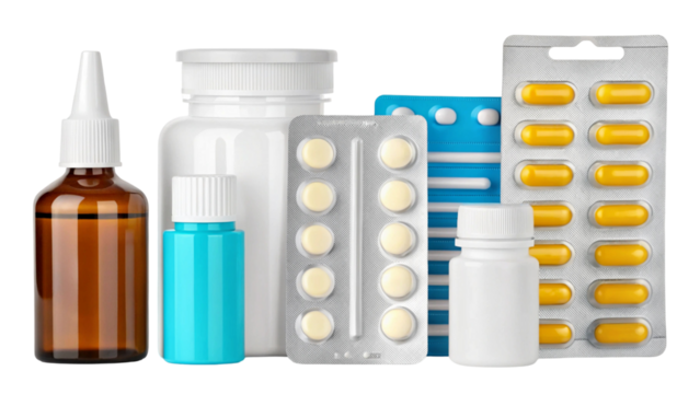 Pills bottle with capsules and tablets, isolated on transparent background, medical pharmacy mockup for 2025 healthcare products, prescription medicine, vitamin supplements, and pharmaceutical ads