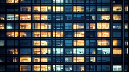 Obraz premium Aerial View of Seamless dark night texture featuring illuminated windows in an office building.,