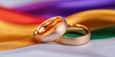 Two golden wedding rings on rainbow color flag background. Homosexual marriage concept. Lgbt or lgbtq rights and law, copy space