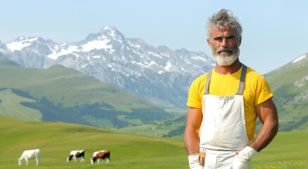 Obraz premium Farmer standing against green hills in a valley among mountains with free-range cows grazing, agriculture concept