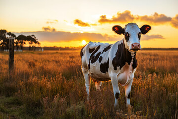 A cow against the backdrop of a meadow in the rays of the setting sun, copy space about traditional livestock farming and free-range cattle
