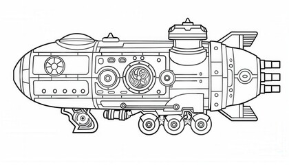 Obraz premium A steampunk submarine with intricate details and visible mechanics. Perfect for coloring pages, activity books or educational materials about sea exploration.