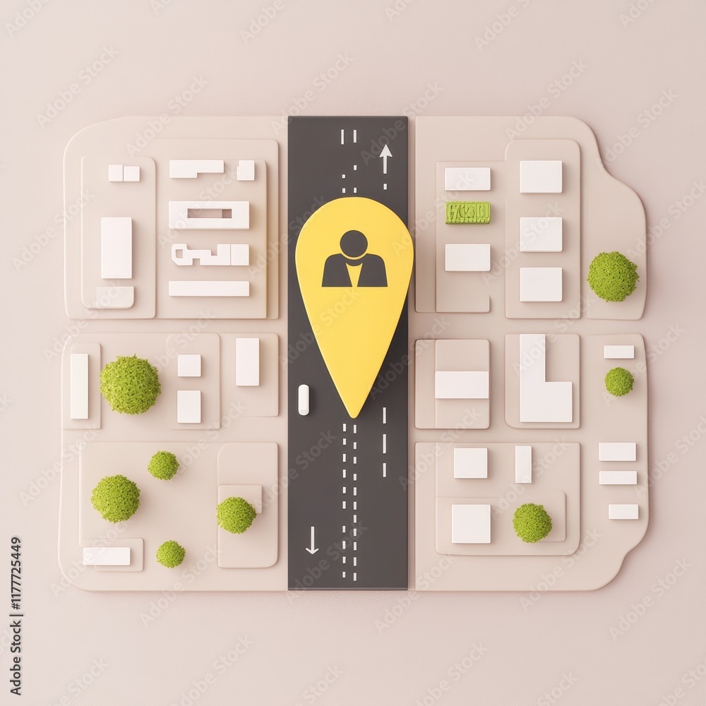 Poster city map with navigation pointer and green trees