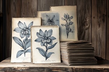 Antique botanical prints of orchids displayed on a rustic wooden surface, showcasing detailed illustrations and aged paper.