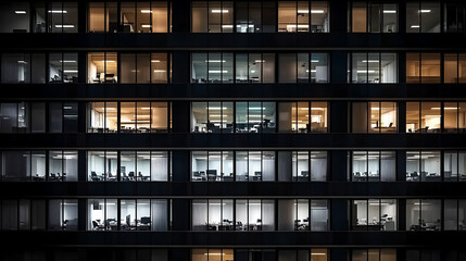 Aerial View of Seamless dark night texture featuring illuminated windows in an office building.,



