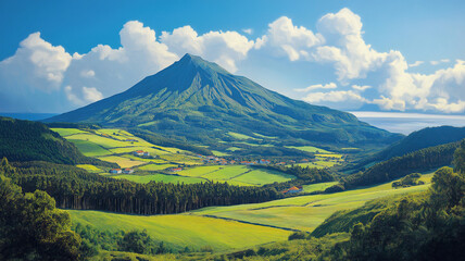 Fototapeta premium Ponta delgada island mountain landscape with rolling hills and vibrant greenery in the azores