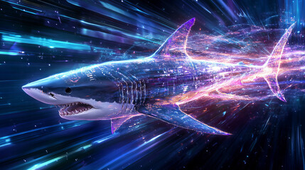 Shark hologram. Digital and technological shark background. A shark is made up of rays of light