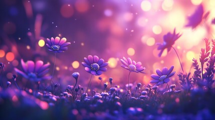 Magical sunset meadow; glowing flowers, fireflies, bokeh