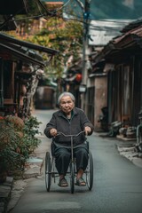 Obraz premium An elderly woman sits calmly in a vintage wheelchair, reflecting life experiences in a rustic setting.
