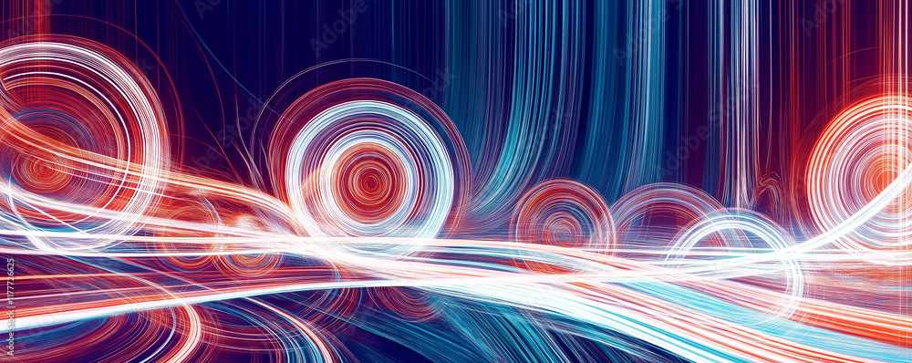 Poster swirling red and blue lights creating abstract circular patterns