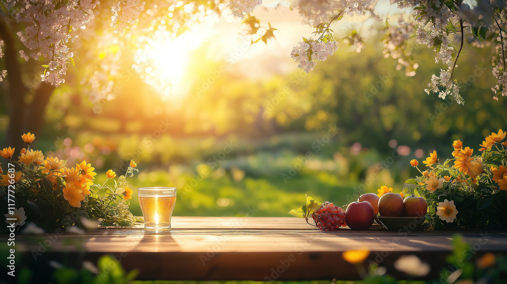 Poster bright spring table with trees in full bloom and a blurred sunny garden creating a peaceful atmosphe
