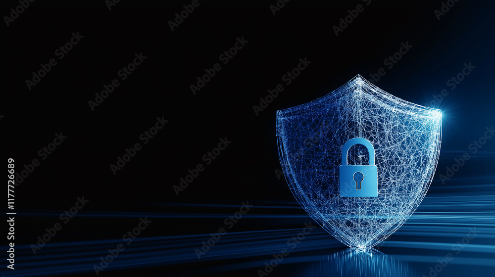 Aufkleber glowing digital shield protecting data with padlock on dark background