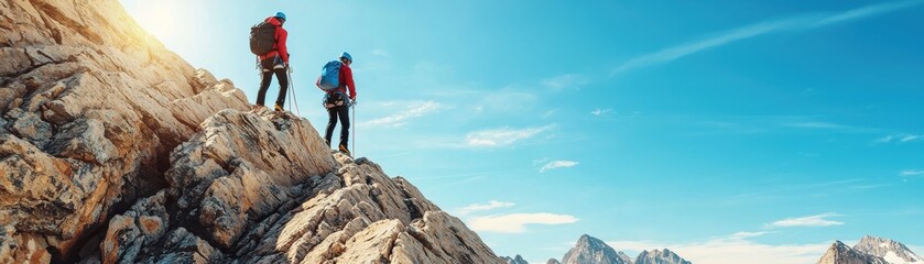 Two climbers ascend a rocky mountain, bathed in sunlight against a clear blue sky, showcasing the beauty of nature and adventure.
