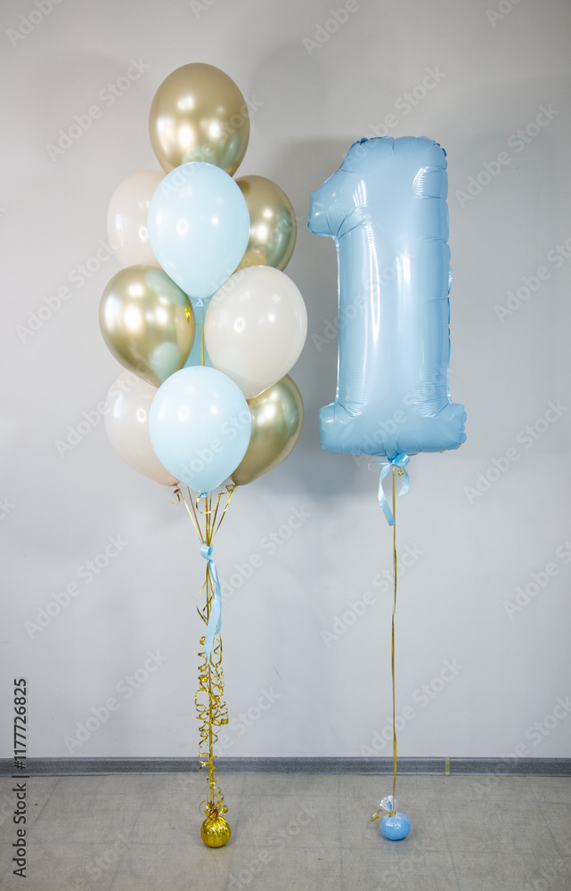 Wall mural blue foil number 1 balloon and bunch of latex helium balloons for birthday