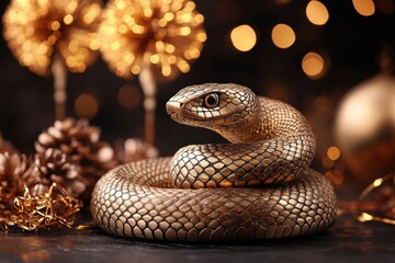 Fototapeta premium Elegant Snake Coiling in Festive Setting with Golden Accents