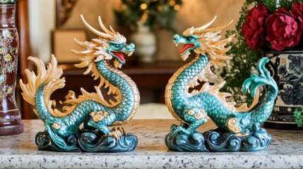 Fototapeta premium Decorative Dragon Statues in Vibrant Colors