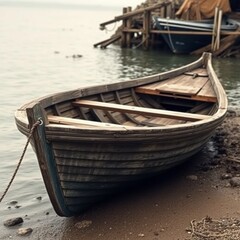 Obraz premium A weathered wooden rowboat pulled ashore.