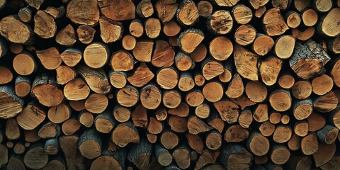 A wall of stacked firewood, showcasing the texture and pattern created by wood slabs arranged in an orderly fashion. The background is dark to highlight each piece of cut wooden planks