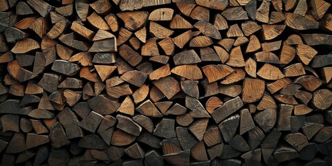A wall of stacked firewood, showcasing the texture and pattern created by wood slabs arranged in an orderly fashion. The background is dark to highlight each piece of cut wooden planks