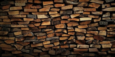 A wall of stacked firewood, showcasing the texture and pattern created by wood slabs arranged in an orderly fashion. The background is dark to highlight each piece of cut wooden planks