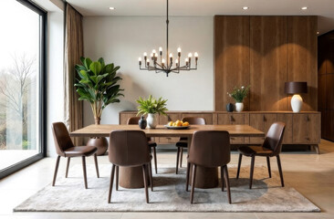 Modern living room interior, in center table with chairs, plants. Mocha mousse color 2025. Copy space