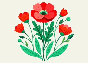 Vibrant Red Poppies Botanical Illustration with Green Leaves – Bold Floral Art