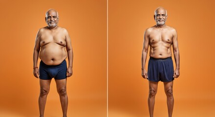 Transformation journey of middle-aged south asian male with fitness results on vibrant background