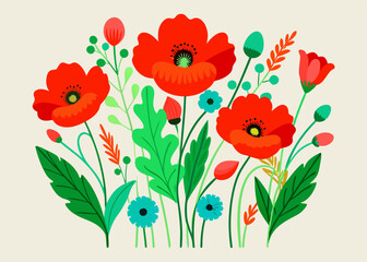 Fototapeta premium Vibrant Red Poppies Botanical Illustration with Green Leaves – Bold Floral Art