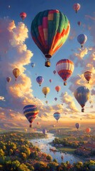 Obraz premium Vibrant Colorful Whimsical Hot Air Balloon Festival in Scenic Countryside Landscape