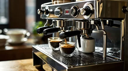 Tableau sur aluminium   Close-up of Industrial Commercial espresso coffee machine. brewing Hot coffee flow to a cup  © Nada