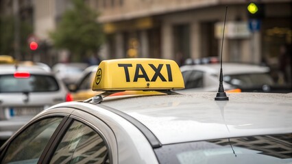 Taxi cab with a lit-up TAXI sign on the roof against the background of city streets, traffic....