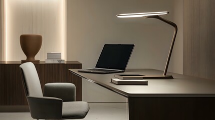 Elegant workspace featuring a laptop, a sleek desk lamp and a modern chair in a minimalistic design