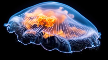 Illuminated jellyfish with orange glow, dark background.